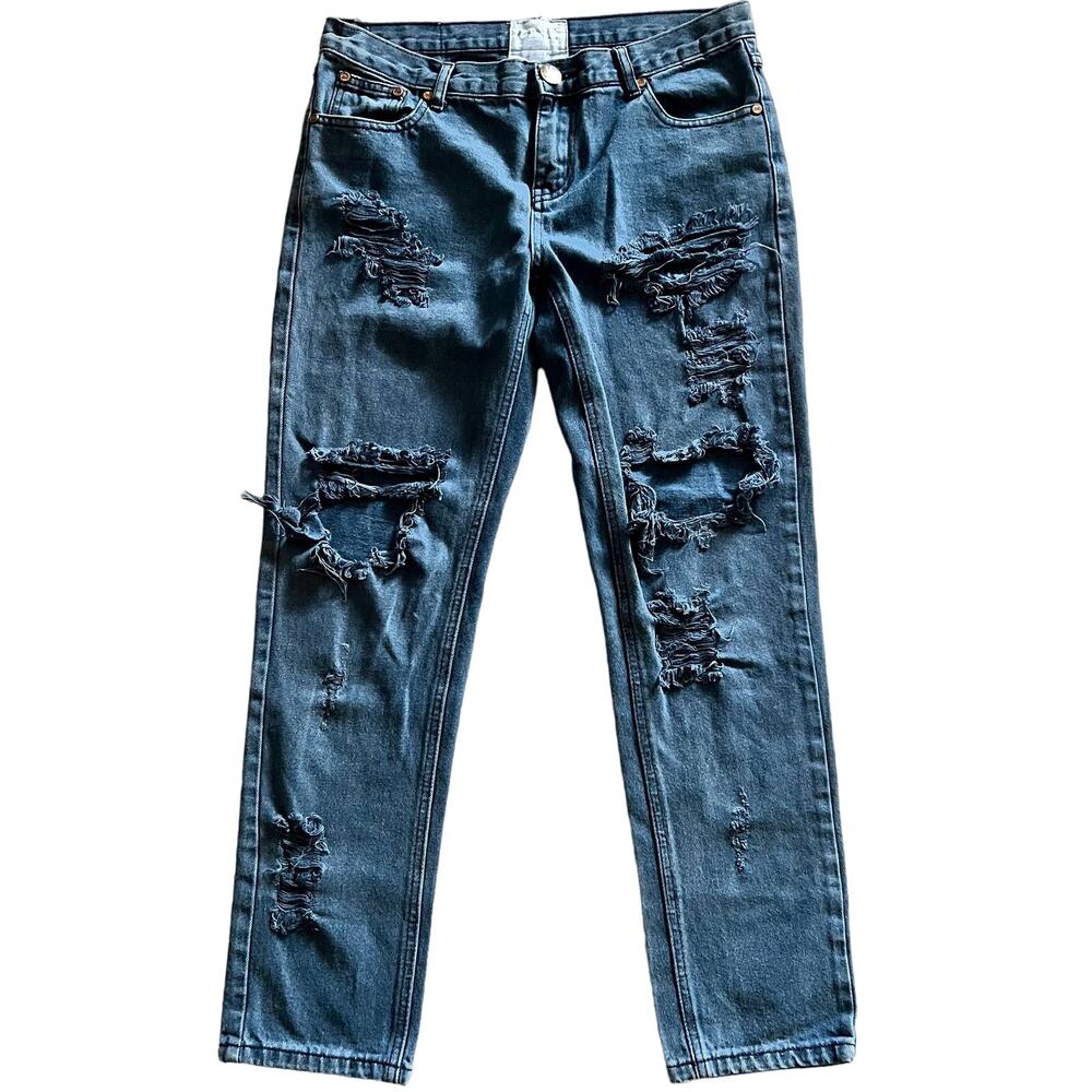 One Teaspoon Awesome Baggies Jeans 28 Destroyed Denim Mid Rise Straight Ripped